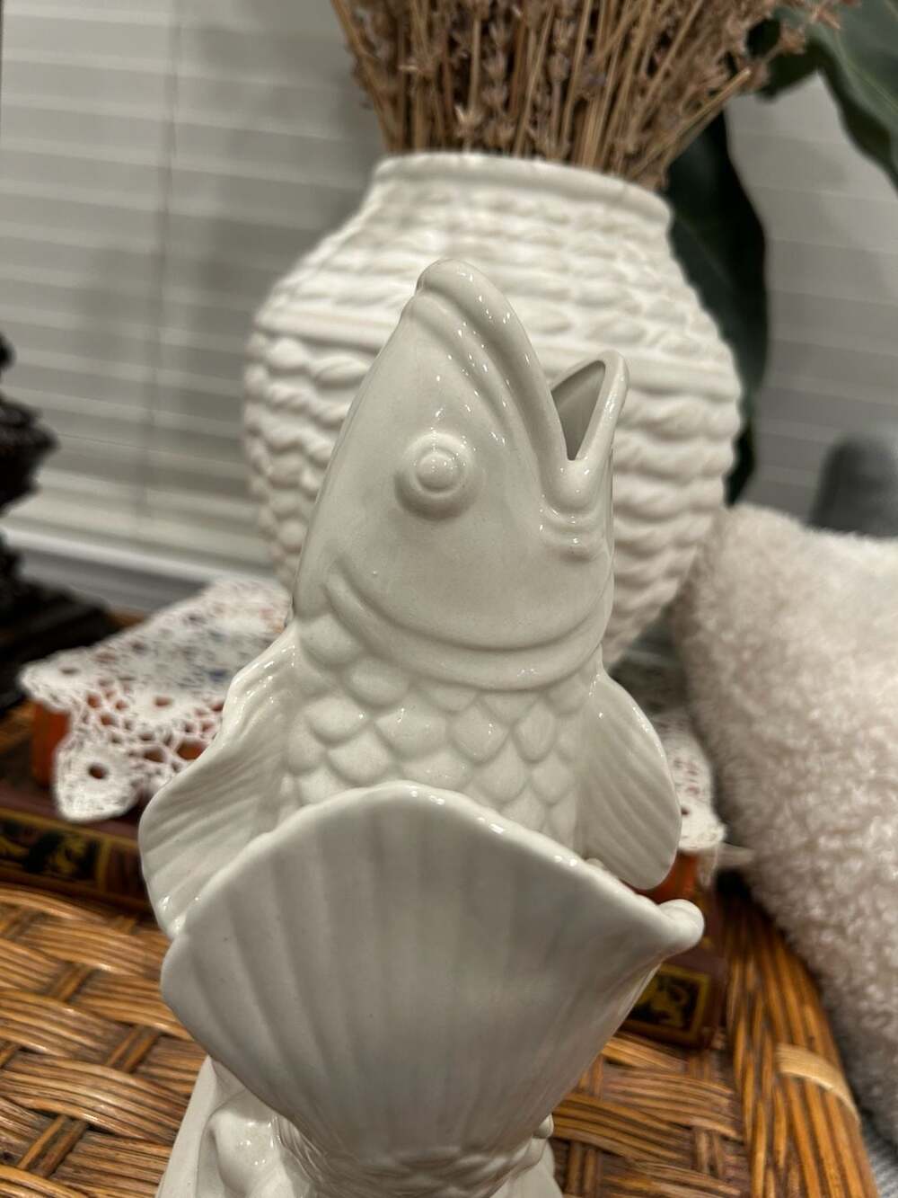 Vintage White Ceramic Koi Fish Vase